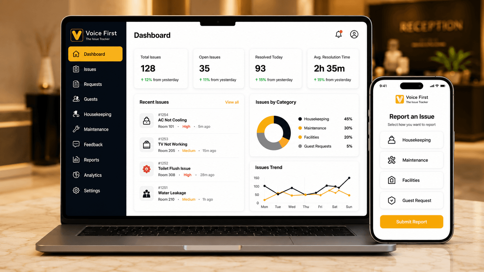 VoiceFirst operations dashboard shown on a tablet and phone